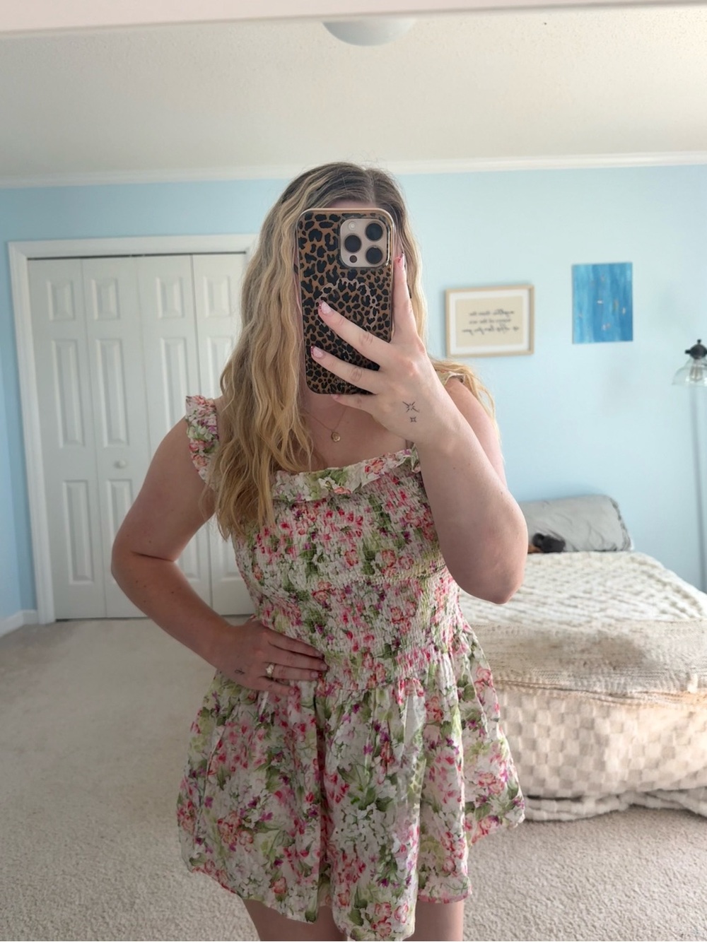 H&M Pink and Green Floral Smocked Mini Dress